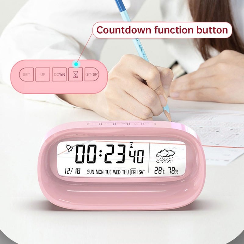 ECVV Digital Alarm Clock, Transparent LED Display Desk Clocks, Temperature Humidity Meter Snooze Weather Calendar Count Down Multifunction Timer BATTERY (Exclude) Operated for Office, Study Room-White - Image 5