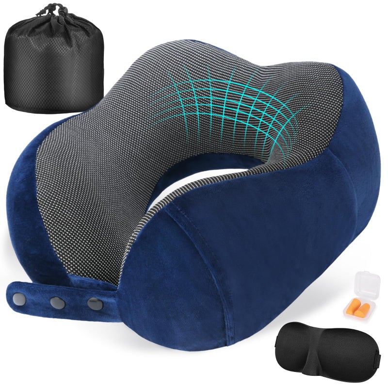 Cirorld Neck Pillow for Traveling Travel Pillows for Airplanes100 Pure Memory Foam Travel Neck Pillow Adjustable Flight Pillow Portable Plane Accessories with Eye Mask Earplugs Carry Bag