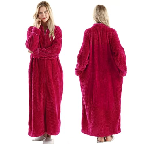 Oksun Womens Fleece Warm Robe: Cozy Flannel Long Zipper Bathrobe - Plush Winter Housecoat Nightgown (Red, X-Large) - Image 2