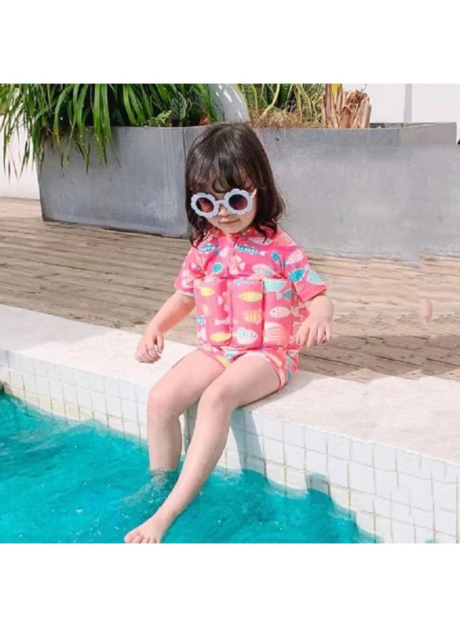 Generic Boys and girls one-piece buoyancy water suit, cute cartoon boxer baby swimsuit, short-sleeve swimming vest, zipper buoyancy swimsuit + swimming cap set. - Image 1
