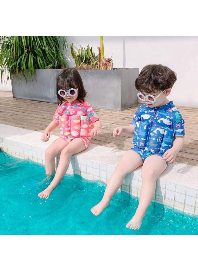 Generic Boys and girls one-piece buoyancy water suit, cute cartoon boxer baby swimsuit, short-sleeve swimming vest, zipper buoyancy swimsuit + swimming cap set. - Image 5