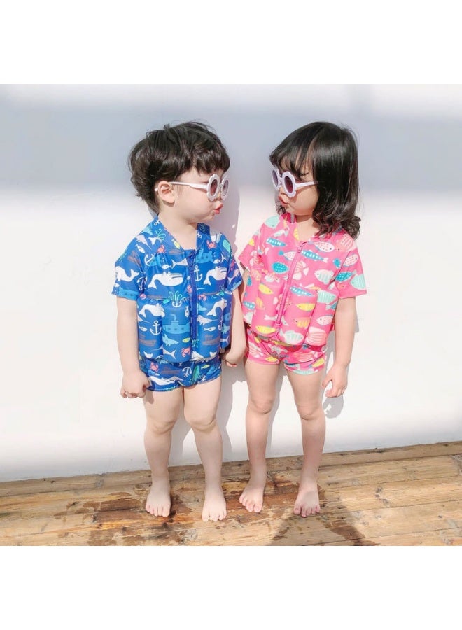 Generic Boys and girls one-piece buoyancy water suit, cute cartoon boxer baby swimsuit, short-sleeve swimming vest, zipper buoyancy swimsuit + swimming cap set. - Image 2