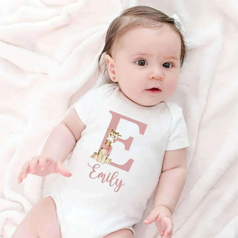 Matching Family Outfits Personalized Initial Name Infant Bodysuit – Custom Letter Romper with Cute Animal Emily, Newborn Short Sleeve Cotton Jumpsuit, Unique Custom Baby Outfit (WHITE)