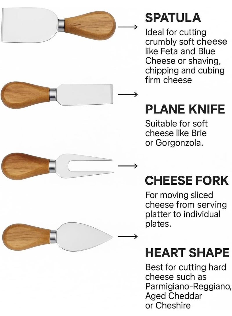 دونيكارت طقم لوح تقديم الجبن من الخيزران | 4 سكاكين جبن من الفولاذ المقاوم للصدأ | لوح شاركوتيري وتقديم طبيعي للجبن واللحوم والمقرمشات | هدية مثالية للحفلات وحفلات الزفاف والاستقبال المنزلي | 14 × 11 بوصة - Image 3
