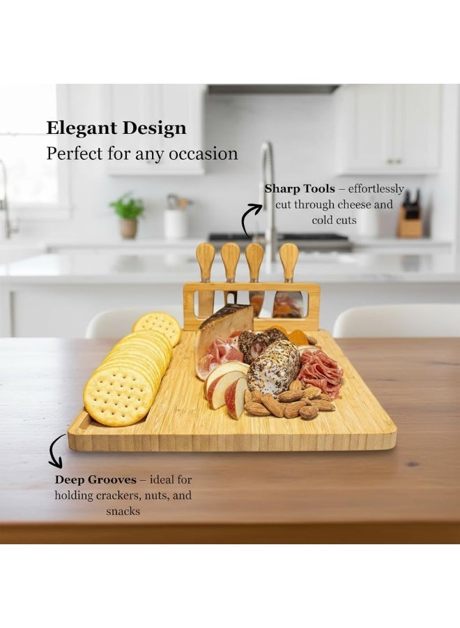 دونيكارت طقم لوح تقديم الجبن من الخيزران | 4 سكاكين جبن من الفولاذ المقاوم للصدأ | لوح شاركوتيري وتقديم طبيعي للجبن واللحوم والمقرمشات | هدية مثالية للحفلات وحفلات الزفاف والاستقبال المنزلي | 14 × 11 بوصة - Image 4