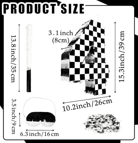 MUNILAIL Checkered Number 4 Pinata Black and White Checkered Pinata with Stick and Blindfold Confetti for 4th Birthday Racing Car Party Game Supplies Race Car Pinatas - Image 5