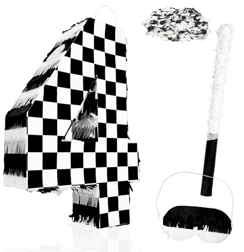 MUNILAIL Checkered Number 4 Pinata Black and White Checkered Pinata with Stick and Blindfold Confetti for 4th Birthday Racing Car Party Game Supplies Race Car Pinatas - Image 1