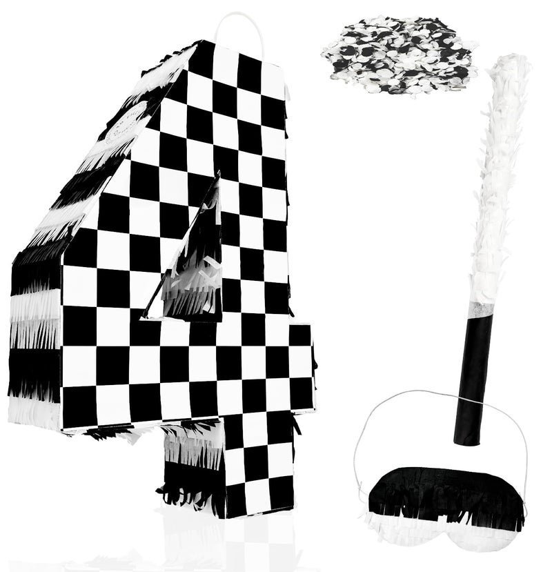 MUNILAIL Checkered Number 4 Pinata Black and White Checkered Pinata with Stick and Blindfold Confetti for 4th Birthday Racing Car Party Game Supplies Race Car Pinatas - Image 3