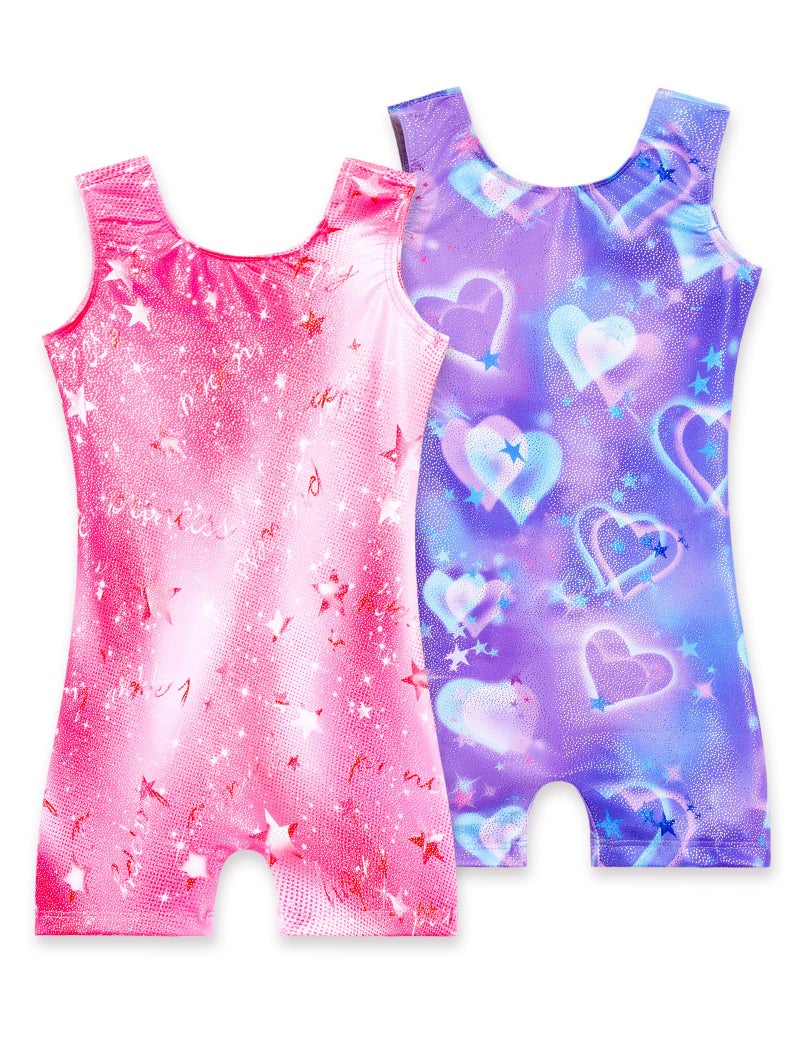 Nokecina Girls Gymnastics Leotards with Shorts Size 6-7 Years Old 2 Pack Sparkly Purple Pink Gym Unitards for Tumbling Class - Image 1