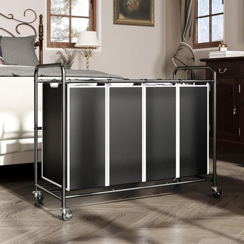ROMOON Laundry Hamper Sorter Cart: 4-Section Organizer with Heavy-Duty Lockable Wheels and Removable Bags | 180L Rolling Laundry Basket for Dirty Clothes in Laundry Room or Small Spaces (Black) - Image 2