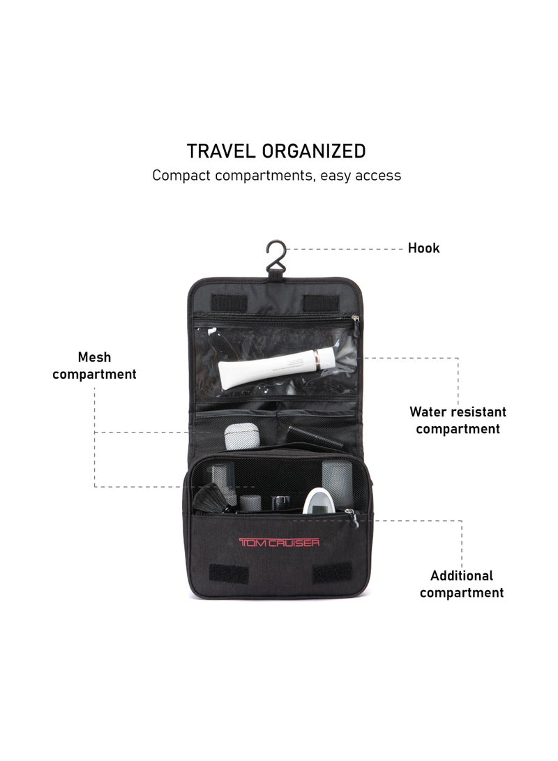 TOM CRUISER Hanging Travel Toiletry Bag, Tri-Fold Polyester Organizer with 360° Hook, Clear PVC Liquid Pocket, Mesh Compartments & Water-Resistant Exterior, Black - Image 3