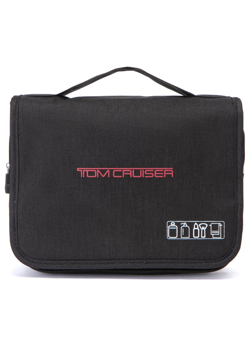 TOM CRUISER Hanging Travel Toiletry Bag, Tri-Fold Polyester Organizer with 360° Hook, Clear PVC Liquid Pocket, Mesh Compartments & Water-Resistant Exterior, Black - Image 1