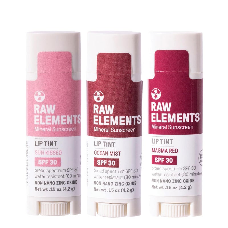 Raw Elements Tinted Lip Sun Kissed, Ocean Mist, Magma Red SPF 30 .15 oz Sunrise Pack