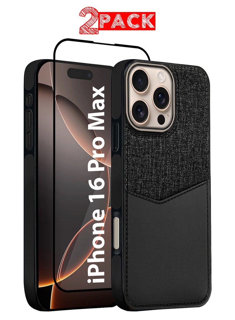 CATANES 2Packs iPhone 16 Pro Max Card Case Leather Back Cover with Card Holder, Slim and Lightweight, 1-2 Cards with 3D Screen Protector - Black  - Image 1