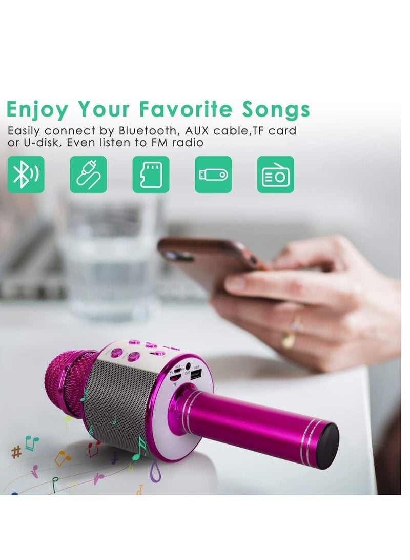 Wireless Bluetooth Karaoke Microphone for Kids, 5-in-1 Portable Handheld Karaoke Mic Speaker Player Recorder with Adjustable Remix FM Radio for Kids Girls Boys Teens Birthday (Hot Pink) - Image 3