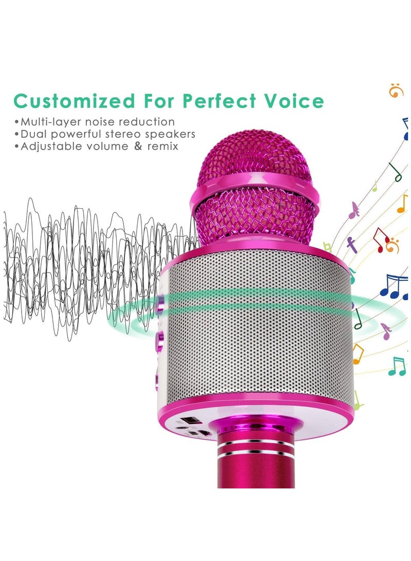 Wireless Bluetooth Karaoke Microphone for Kids, 5-in-1 Portable Handheld Karaoke Mic Speaker Player Recorder with Adjustable Remix FM Radio for Kids Girls Boys Teens Birthday (Hot Pink) - Image 2