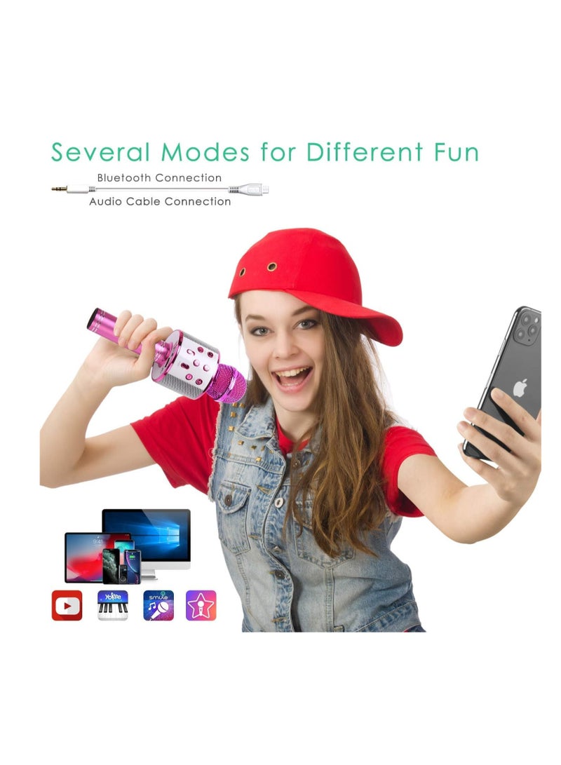 Wireless Bluetooth Karaoke Microphone for Kids, 5-in-1 Portable Handheld Karaoke Mic Speaker Player Recorder with Adjustable Remix FM Radio for Kids Girls Boys Teens Birthday (Hot Pink) - Image 4
