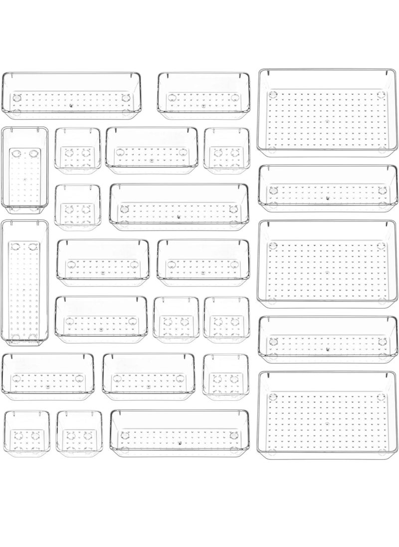 Uwals - 25 PCS Clear Plastic Drawer Organizers Set, 4-Size Versatile Bathroom and Vanity Drawer Organizer Trays, Storage Bins for Makeup, Bedroom, Kitchen Gadgets Utensils and Office - Image 1