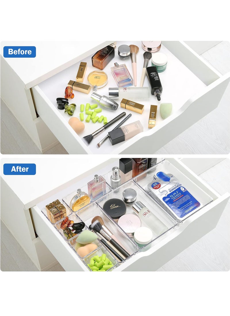 Uwals - 25 PCS Clear Plastic Drawer Organizers Set, 4-Size Versatile Bathroom and Vanity Drawer Organizer Trays, Storage Bins for Makeup, Bedroom, Kitchen Gadgets Utensils and Office - Image 1