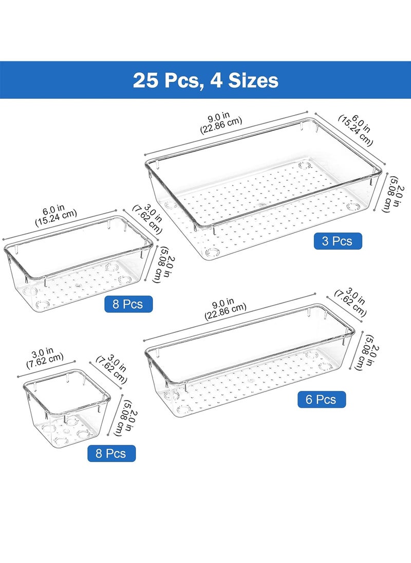 Uwals - 25 PCS Clear Plastic Drawer Organizers Set, 4-Size Versatile Bathroom and Vanity Drawer Organizer Trays, Storage Bins for Makeup, Bedroom, Kitchen Gadgets Utensils and Office - Image 1