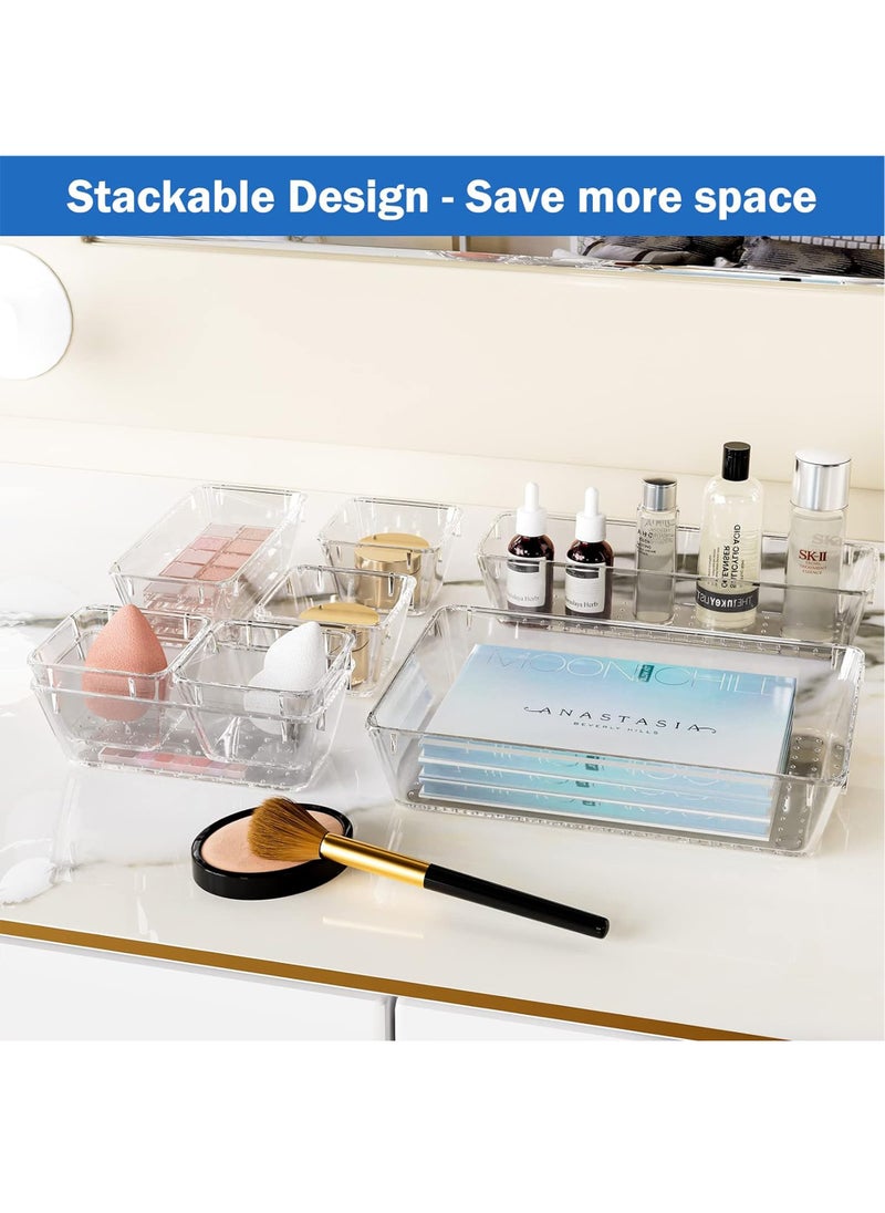 Uwals - 25 PCS Clear Plastic Drawer Organizers Set, 4-Size Versatile Bathroom and Vanity Drawer Organizer Trays, Storage Bins for Makeup, Bedroom, Kitchen Gadgets Utensils and Office - Image 1