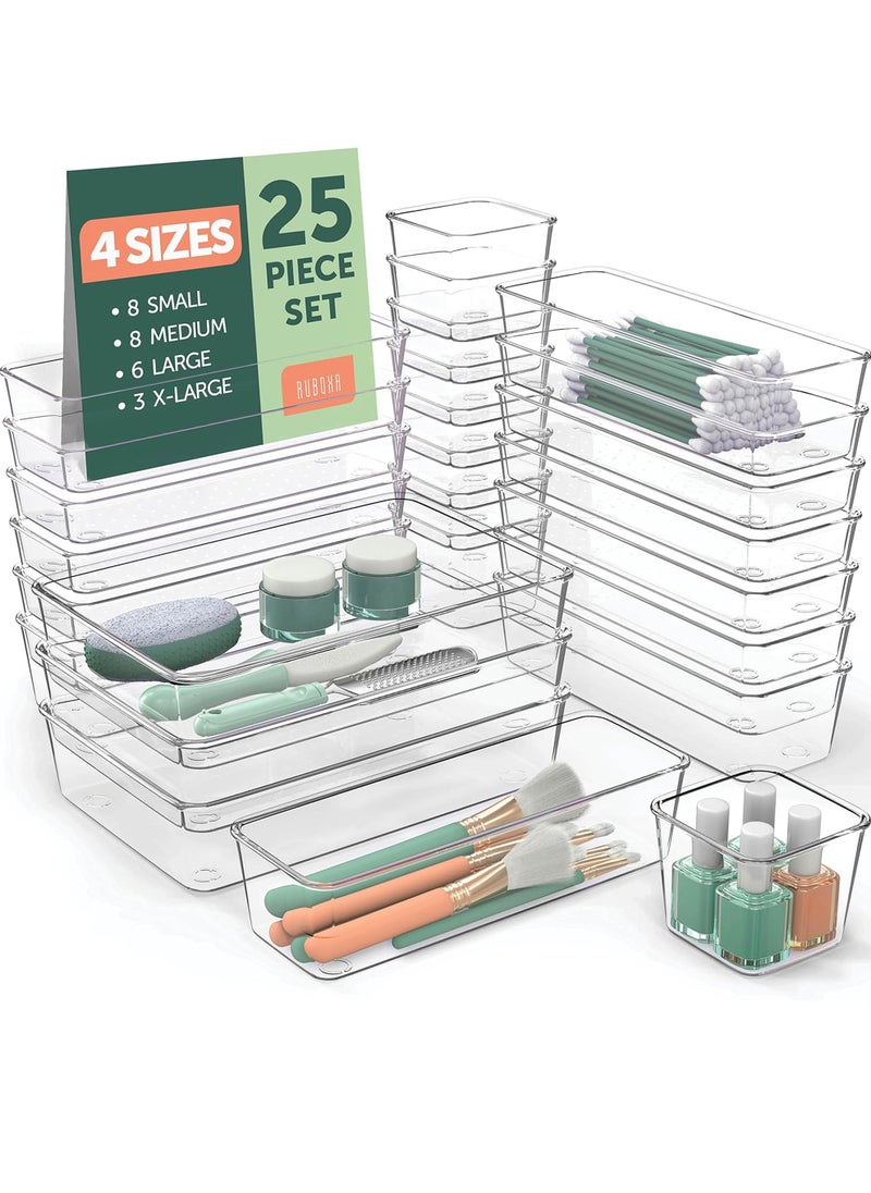 Uwals - 25 PCS Clear Plastic Drawer Organizers Set, 4-Size Versatile Bathroom and Vanity Drawer Organizer Trays, Storage Bins for Makeup, Bedroom, Kitchen Gadgets Utensils and Office - Image 1