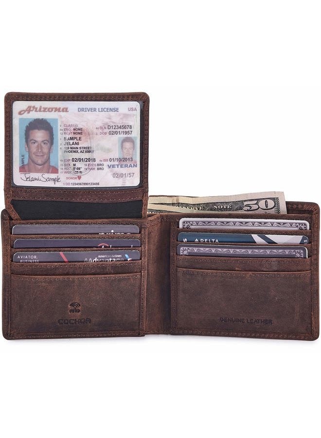 COCHOA Men's Real Leather RFID Blocking Stylish Bifold Wallet With 2 ID Window (CRAZY HORSE, COGNAC) - Image 1