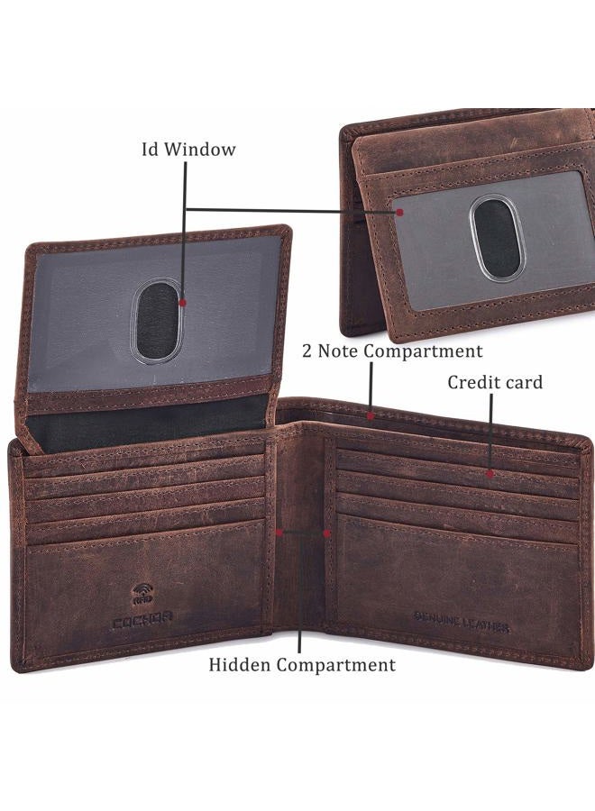 COCHOA Men's Real Leather RFID Blocking Stylish Bifold Wallet With 2 ID Window (CRAZY HORSE, COGNAC) - Image 4