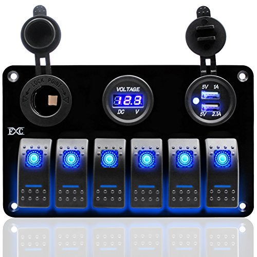 FXC 12 Volt Aluminum Marine Boat Rocker Switch Panel Waterproof 6 Gang Toggle Switch Panel Blue LED Lighted for Car Truck RV UTV ATV with USB Cigarette Lighter Socket Voltmeter - Image 1