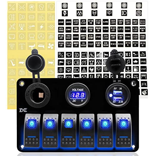 FXC 12 Volt Aluminum Marine Boat Rocker Switch Panel Waterproof 6 Gang Toggle Switch Panel Blue LED Lighted for Car Truck RV UTV ATV with USB Cigarette Lighter Socket Voltmeter - Image 4