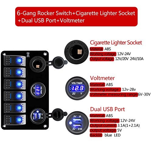 FXC 12 Volt Aluminum Marine Boat Rocker Switch Panel Waterproof 6 Gang Toggle Switch Panel Blue LED Lighted for Car Truck RV UTV ATV with USB Cigarette Lighter Socket Voltmeter - Image 2