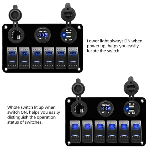 FXC 12 Volt Aluminum Marine Boat Rocker Switch Panel Waterproof 6 Gang Toggle Switch Panel Blue LED Lighted for Car Truck RV UTV ATV with USB Cigarette Lighter Socket Voltmeter - Image 3