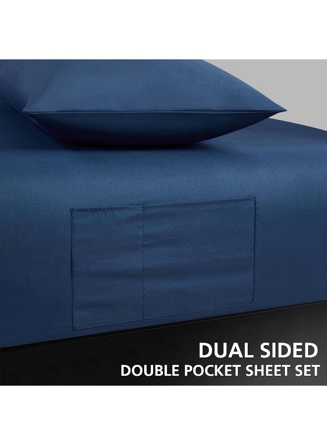 Amazing Basics 3 Piece Twin XL Sheet Set with 2 Fitted Sheet Featuring Tech Storage Side Pockets and 1 Pillow Case - Navy - Top Sheet Not Included  - Image 2