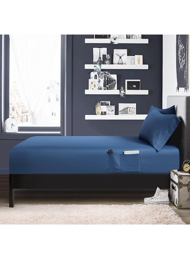 Amazing Basics 3 Piece Twin XL Sheet Set with 2 Fitted Sheet Featuring Tech Storage Side Pockets and 1 Pillow Case - Navy - Top Sheet Not Included  - Image 1