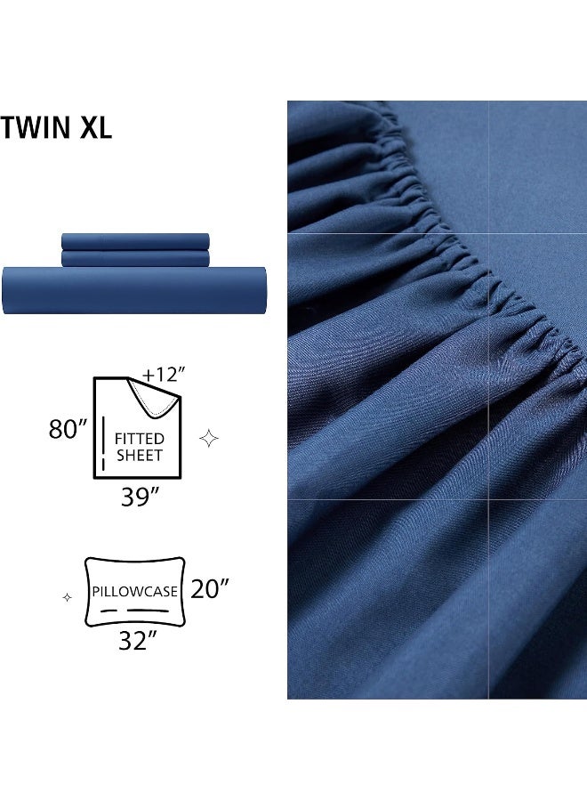 Amazing Basics 3 Piece Twin XL Sheet Set with 2 Fitted Sheet Featuring Tech Storage Side Pockets and 1 Pillow Case - Navy - Top Sheet Not Included  - Image 3