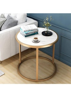 Golden Round Side Table Modern Sofa Coffee Table End Table Coffee Table Marble Side Table Simple Nightstand Bedside Table For Living Room Bedroom Balcony Easy Assembly (F-Round)  - Image 1