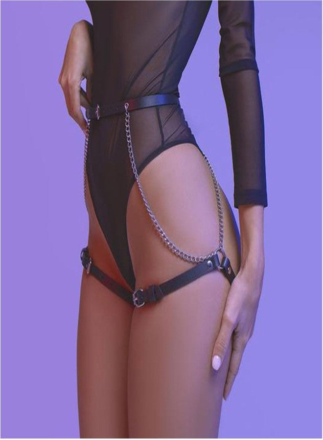 Decixde Waist Chains for Women Punk Leather Body Chains Black Waist Chain Layered Belt Belly Chains Rave Party Body Jewelry for Women (leather+chain) - Image 2