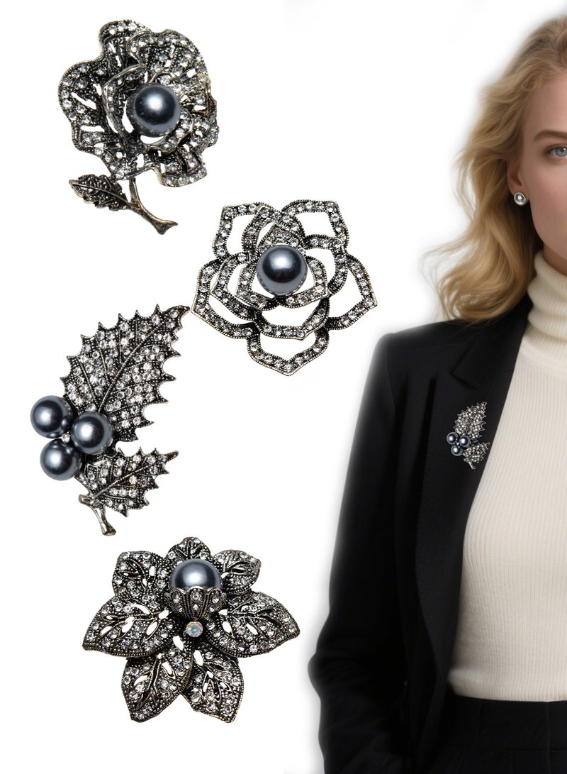 4 جهاز كمبيوتر شخصي أنيق دبابيس زهرة الكريستال، بروش قديم للمرأة - الراينست الموضة الزهرية ودبابيس الأوراق للملابس، طوق، فستان، وشال، شال ديكور - Image 1