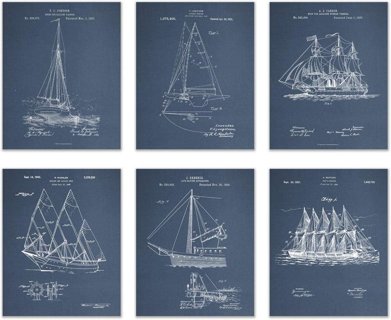 BigWig Prints Sailboat Patent Wall Decor - Set of 6 (8x10) sailing art - Image 1