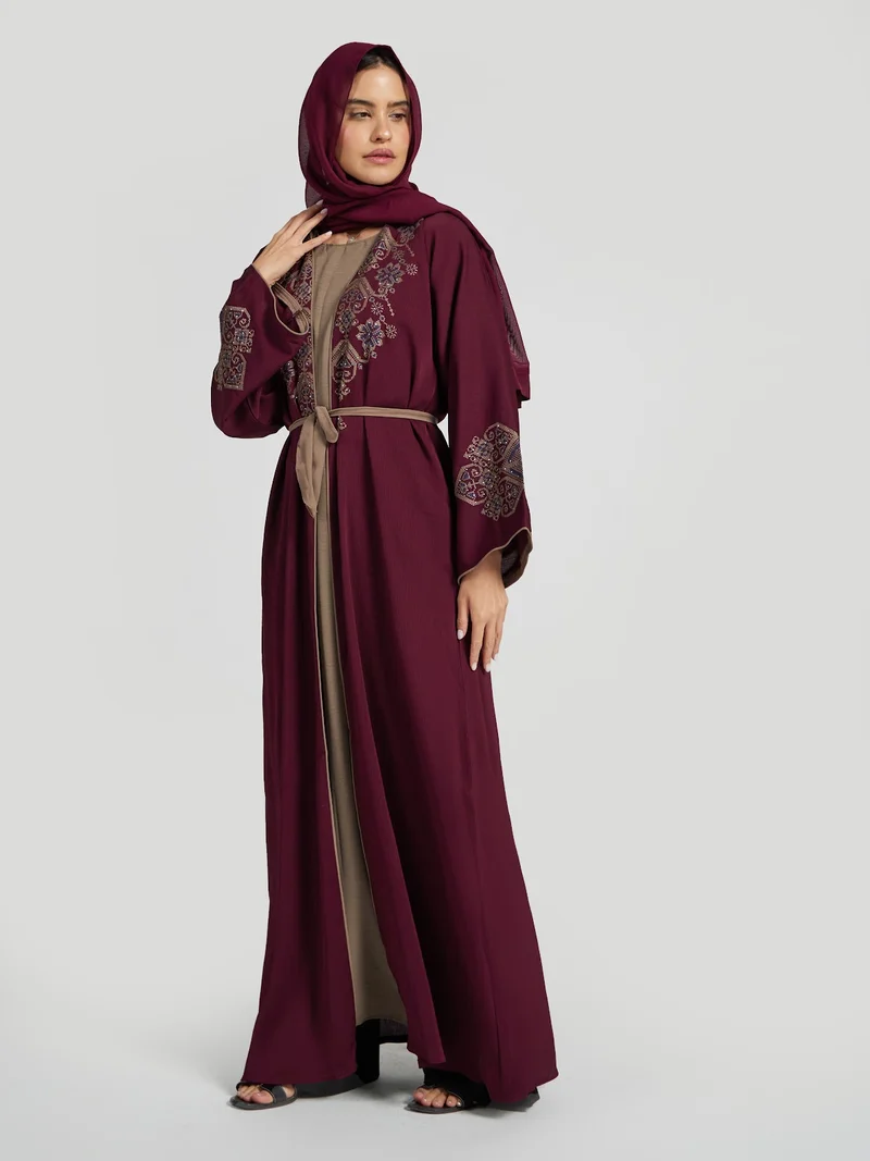 عباءات ريم Maroon & Khaki Two-Tone Layered Abaya - Intricate Yoke Embroidery