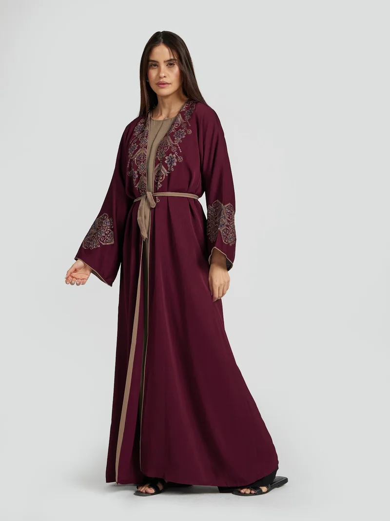 عباءات ريم Maroon & Khaki Two-Tone Layered Abaya - Intricate Yoke Embroidery