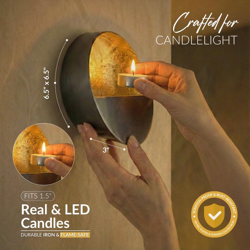 NativeSkins Eclipse Wall Candle Sconces Set of 2 â€“ 6.5" Round Metal Tea Light Holders (3" Depth) with Gold Leaf Interior â€“ Antique Nickel Decorative Accent for Bedroom, Hallway, Bathroom - Image 3