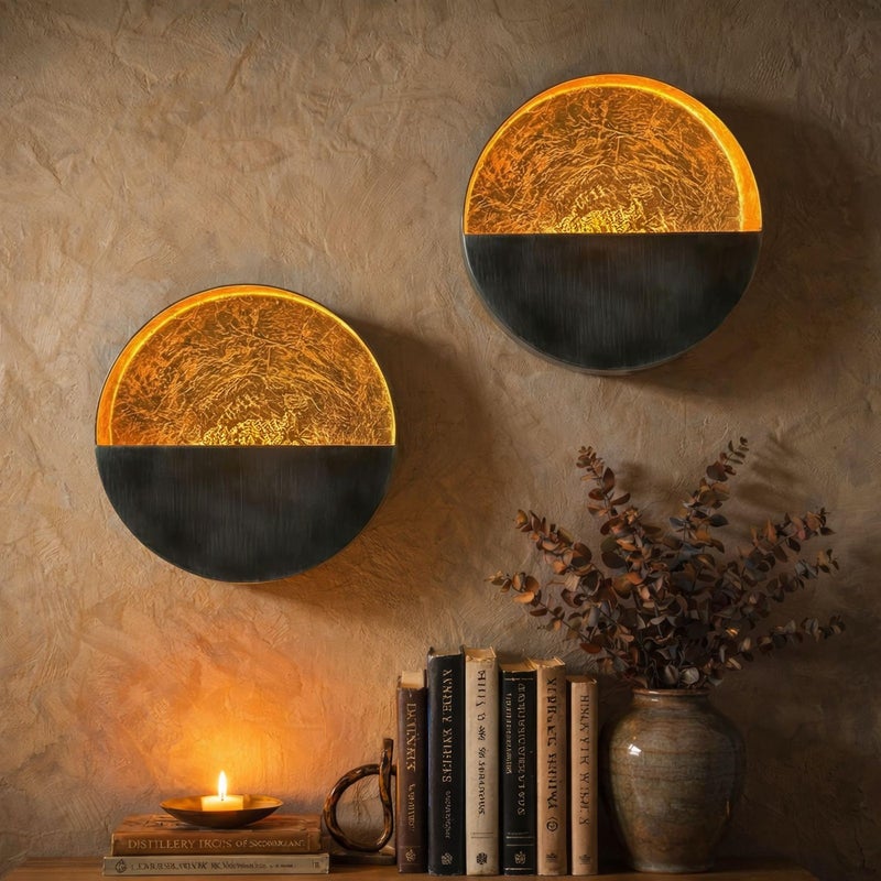 NativeSkins Eclipse Wall Candle Sconces Set of 2 â€“ 6.5" Round Metal Tea Light Holders (3" Depth) with Gold Leaf Interior â€“ Antique Nickel Decorative Accent for Bedroom, Hallway, Bathroom - Image 1