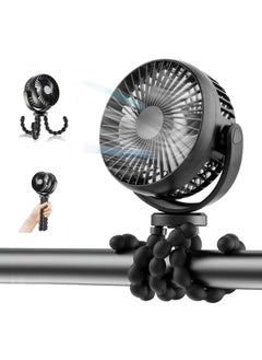 Baby Stroller Fan 5200mAh Oscillating Mini Portable with Lights 3 Speeds Battery Operated 360° Rotate Flexible Tripod Small Clip On Handheld Desk For Car Seat Crib Travel Black