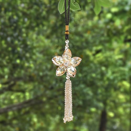ATMOMO AuMoHall Crystal Flower Rear View Mirror Pendant Car Hanging Ornament Lucky Charm with Dangle Beads, Champagne - Image 5