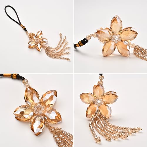 ATMOMO AuMoHall Crystal Flower Rear View Mirror Pendant Car Hanging Ornament Lucky Charm with Dangle Beads, Champagne - Image 3