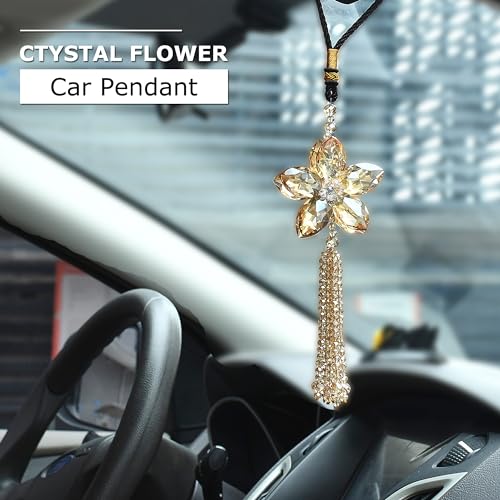 ATMOMO AuMoHall Crystal Flower Rear View Mirror Pendant Car Hanging Ornament Lucky Charm with Dangle Beads, Champagne - Image 4