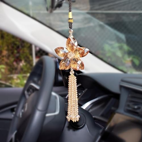 ATMOMO AuMoHall Crystal Flower Rear View Mirror Pendant Car Hanging Ornament Lucky Charm with Dangle Beads, Champagne - Image 1