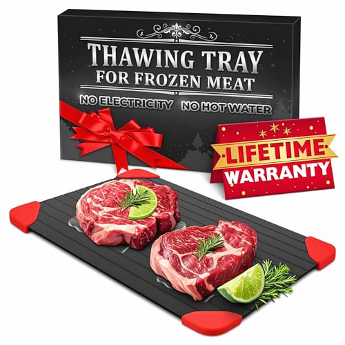 V TOWER Defrosting Tray for Frozen Meat - 14x8 High Thermal Conductivity Thawing Tray for Frozen Meat with Silicone Corners, Hanging Hole - Easy to Clean Non Stick Aluminum Thawing Plate for Fast Defrosting - Image 1