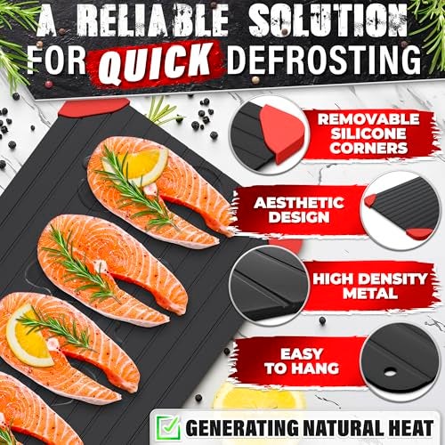 V TOWER Defrosting Tray for Frozen Meat - 14x8 High Thermal Conductivity Thawing Tray for Frozen Meat with Silicone Corners, Hanging Hole - Easy to Clean Non Stick Aluminum Thawing Plate for Fast Defrosting - Image 4